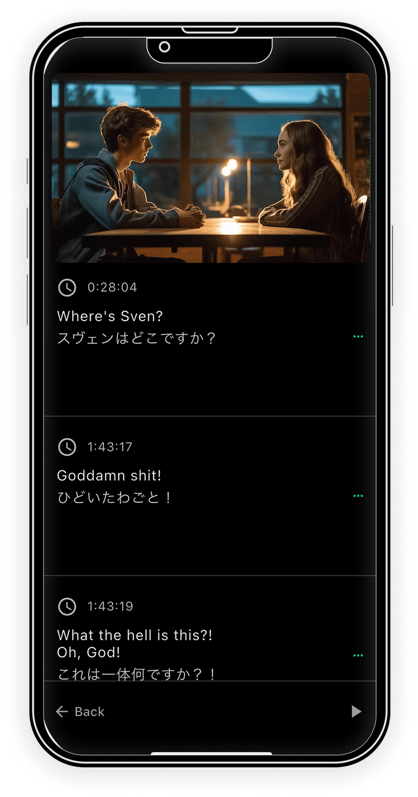 Duosub アプリのスクリーンショット - 映画/ドラマの英語字幕と日本語字幕が同時表示
